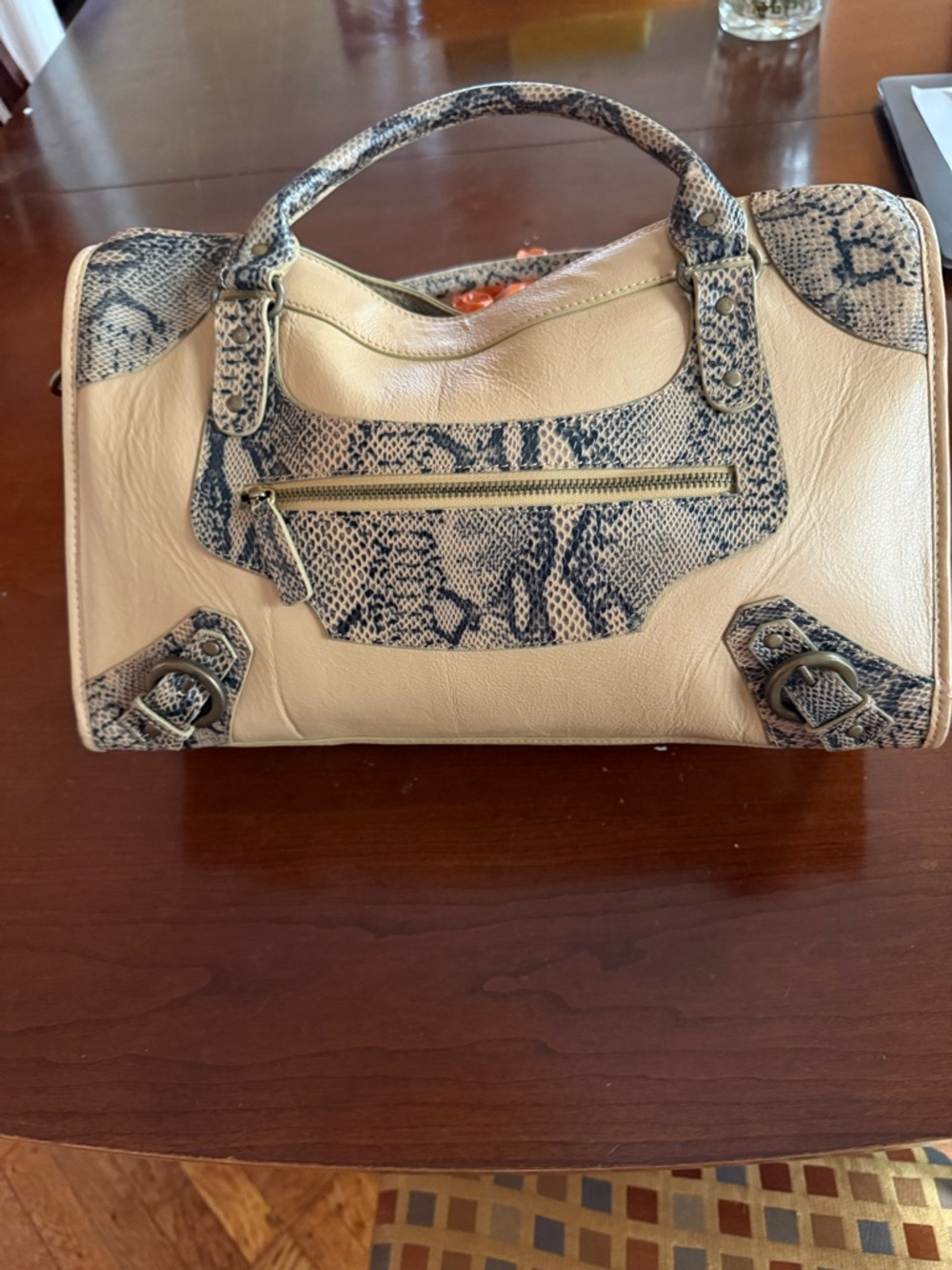 Cream Satchel with Blue Snakeskin Accents - Women's Satchel